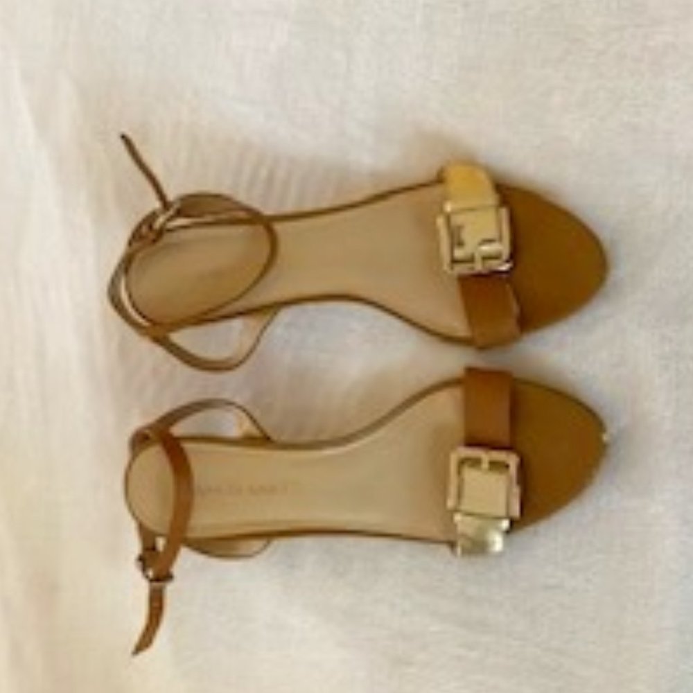 Gold buckle kitten heel sandals with ankle strap